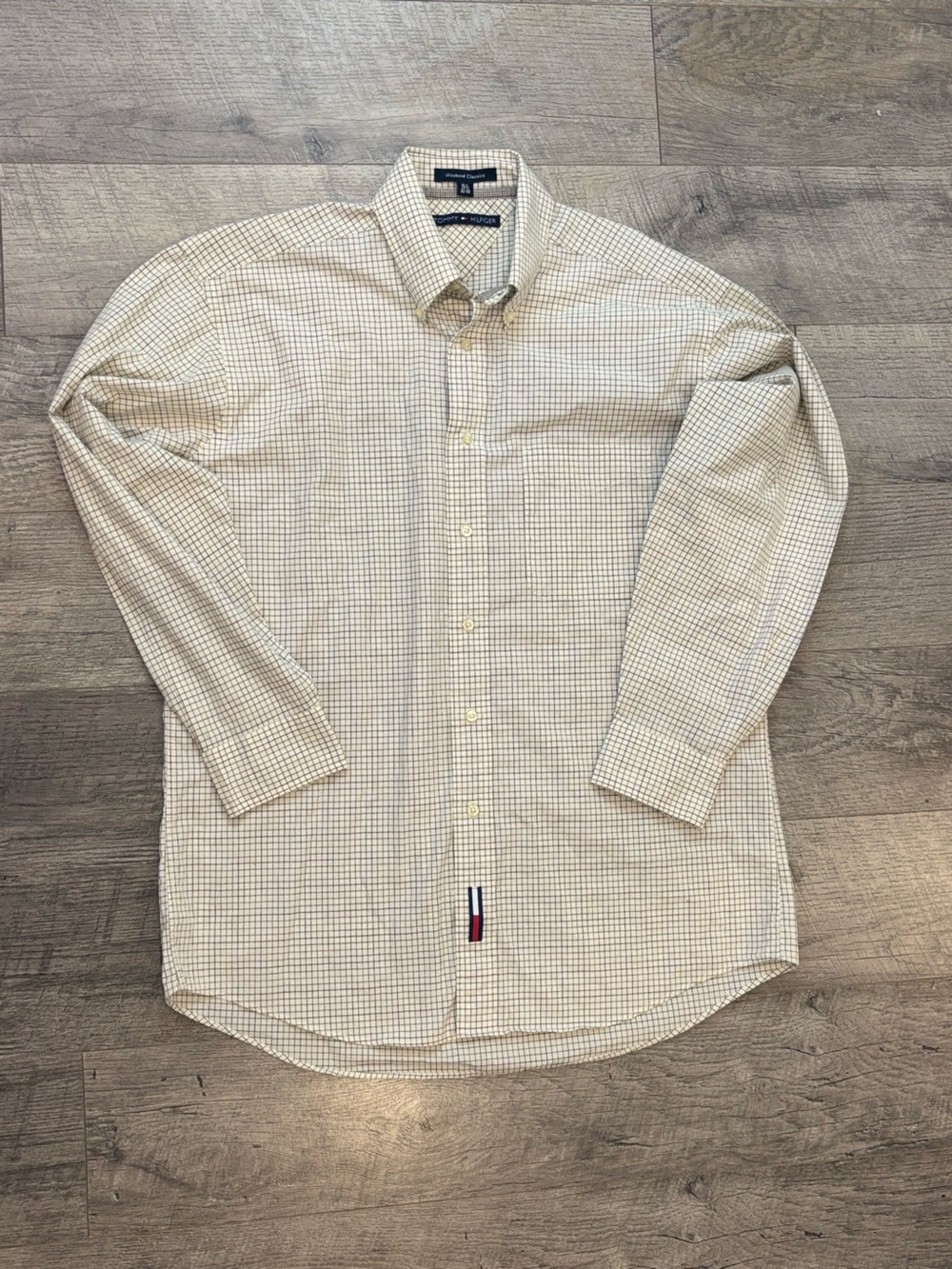 Tommy Hilfiger Men’s Beige and Navy Micro-Check Dress Shirt